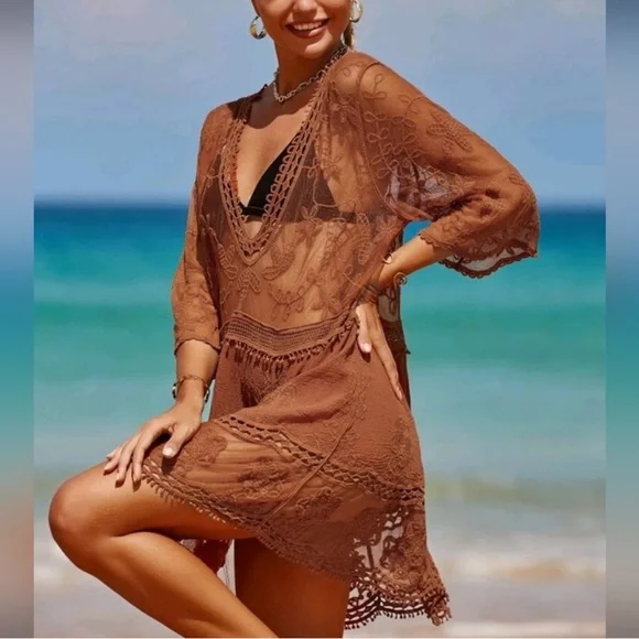 Swim | New Boho Sheer Crochet Lace Cover Up Dress Mesh Floral Brown |  Poshmark